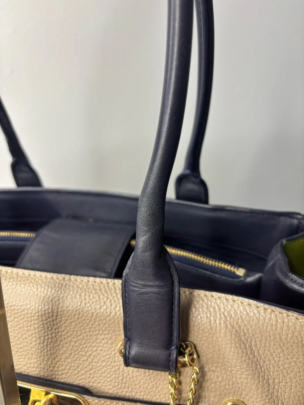 Coach 2015 Swagger Carryall Colorblock Leather Tote Satchel STONE Green Navy EUC - Picture 10 of 15